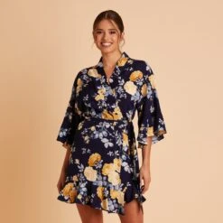 Kenny Floral Ruffle Robe - Navy Marigold 9 Kenny Floral Ruffle Robe - Navy Marigold -Wedding Dress Store BIRDY GREY KENNY FLORAL RUFFLE ROBE NAVY MARIGOLD 02
