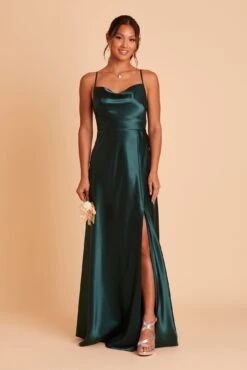 Lisa Long Shiny Satin Dress - Emerald