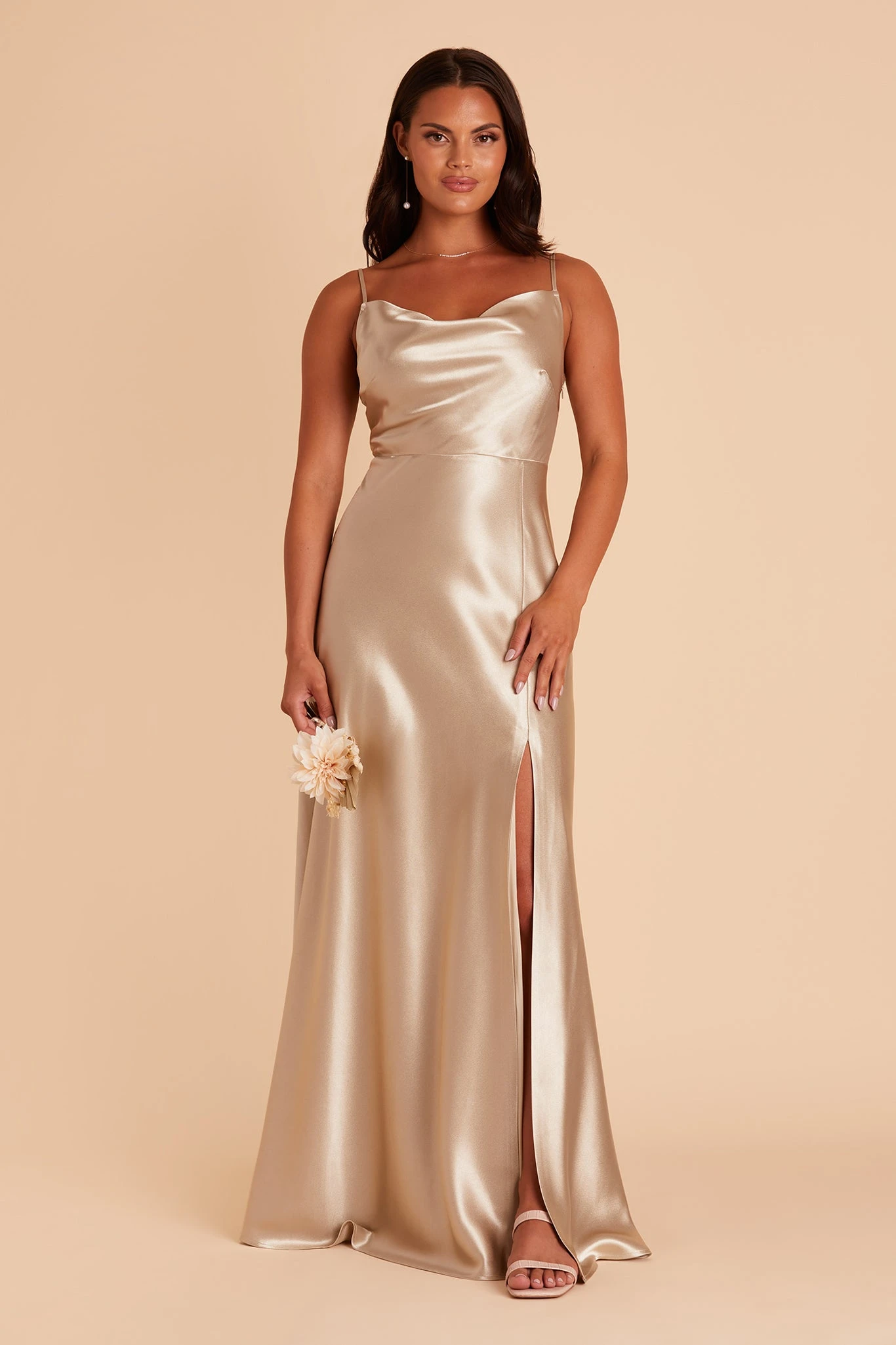 Lisa Long Shiny Satin Dress - Neutral Champagne 7 Lisa Long Shiny Satin Dress - Neutral Champagne - Image 5