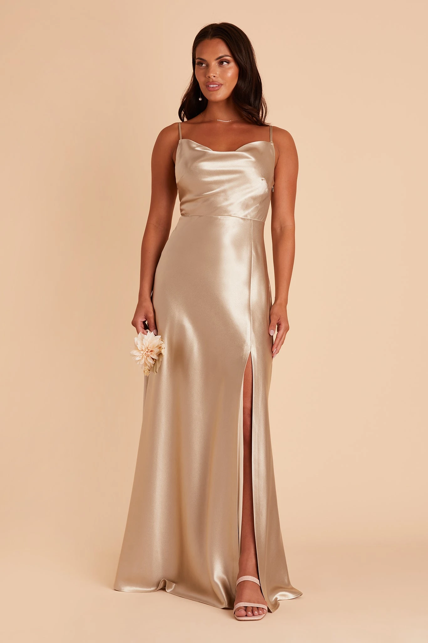 Lisa Long Shiny Satin Dress - Neutral Champagne 5 Lisa Long Shiny Satin Dress - Neutral Champagne - Image 3