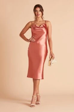 Lisa Shiny Satin Midi Dress - Terracotta -Wedding Dress Store BIRDY GREY LISA MIDI BRIDESMAID DRESS TERRACOTTA 06
