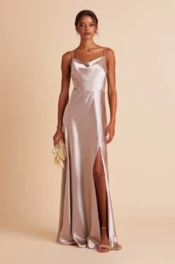 Lisa Long Shiny Satin Dress - Taupe -Wedding Dress Store BIRDY GREY LISA SLIT BRIDESMAID DRESS TAUPE 01