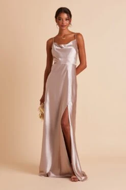 Lisa Long Shiny Satin Dress - Taupe -Wedding Dress Store BIRDY GREY LISA SLIT BRIDESMAID DRESS TAUPE 04