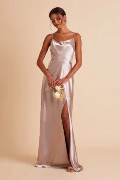 Lisa Long Shiny Satin Dress - Taupe -Wedding Dress Store BIRDY GREY LISA SLIT BRIDESMAID DRESS TAUPE 05