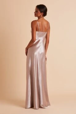 Lisa Long Shiny Satin Dress - Taupe -Wedding Dress Store BIRDY GREY LISA SLIT BRIDESMAID DRESS TAUPE 08