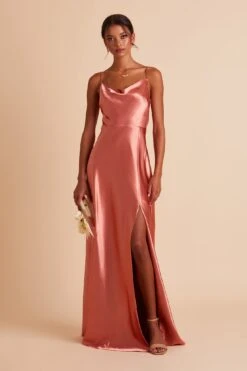 Lisa Long Shiny Satin Dress - Terracotta -Wedding Dress Store BIRDY GREY LISA SLIT BRIDESMAID DRESS TERRACOTTA 01