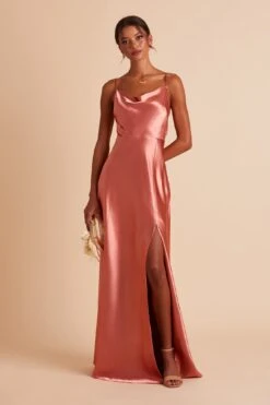 Lisa Long Shiny Satin Dress - Terracotta -Wedding Dress Store BIRDY GREY LISA SLIT BRIDESMAID DRESS TERRACOTTA 03