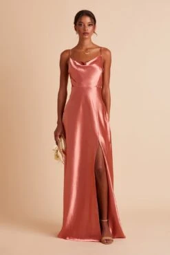 Lisa Long Shiny Satin Dress - Terracotta -Wedding Dress Store BIRDY GREY LISA SLIT BRIDESMAID DRESS TERRACOTTA 04