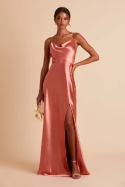 Lisa Long Shiny Satin Dress - Terracotta -Wedding Dress Store BIRDY GREY LISA SLIT BRIDESMAID DRESS TERRACOTTA 05