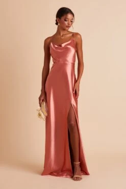Lisa Long Shiny Satin Dress - Terracotta -Wedding Dress Store BIRDY GREY LISA SLIT BRIDESMAID DRESS TERRACOTTA 07