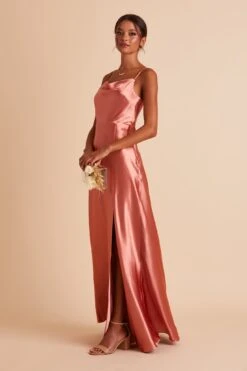 Lisa Long Shiny Satin Dress - Terracotta -Wedding Dress Store BIRDY GREY LISA SLIT BRIDESMAID DRESS TERRACOTTA 08