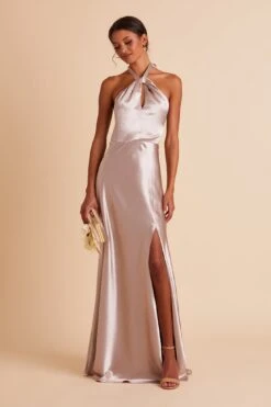 Monica Shiny Satin Dress - Taupe