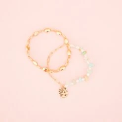 Beachy Beads And Gold Chain Bracelet Set