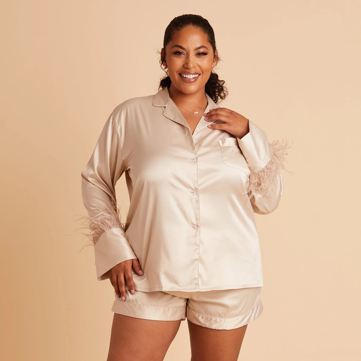 Short Satin Feathered Pajama Set - Champagne 8 Short Satin Feathered Pajama Set - Champagne - Image 6