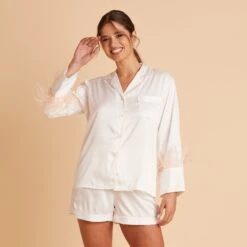 Short Satin Feathered Pajama Set - White -Wedding Dress Store BIRDY GREY SHORT FEATHERED PAJAMAS WHITE 04