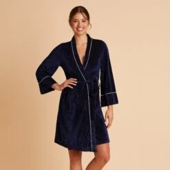 Velvet Ribbed Robe - Navy