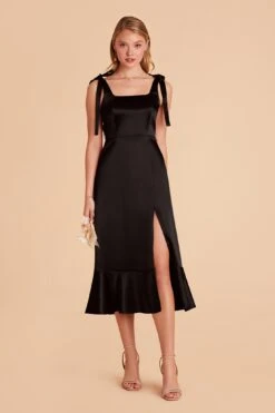 Eugenia Shiny Satin Convertible Midi Dress - Black -Wedding Dress Store black eugenia convertible satin bridesmaid dress 01
