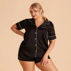 Jonny Satin Pajama Set - Black 31 Jonny Satin Pajama Set - Black -Wedding Dress Store black jonny plus size satin short sleeve top bridesmaid pajamas 01 1