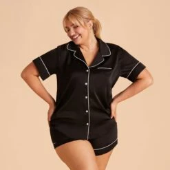 Jonny Satin Pajama Set - Black 35 Jonny Satin Pajama Set - Black -Wedding Dress Store black jonny plus size satin short sleeve top bridesmaid pajamas 02 1
