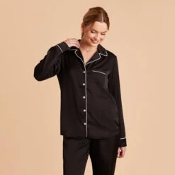Jonny Long Sleeves And Pants Satin PJ Set - Black -Wedding Dress Store black jonny satin long sleeve top bridesmaid pajamas 03