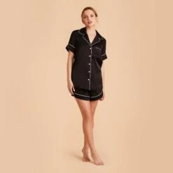Jonny Satin Pajama Set - Black 24 Jonny Satin Pajama Set - Black -Wedding Dress Store black jonny satin short sleeve pajama top and shorts bridesmaid pajamas 04