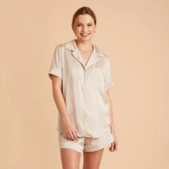 Jonny Satin Short Sleeve Pajama Top - Champagne -Wedding Dress Store champagne jonny satin short sleeve top bridesmaid pajamas 01 1