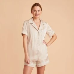 Jonny Satin Short Sleeve Pajama Top - Champagne -Wedding Dress Store champagne jonny satin short sleeve top bridesmaid pajamas 05 1