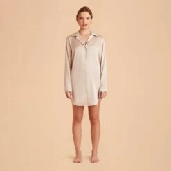 Kamryn Satin Sleepshirt - Champagne -Wedding Dress Store champagne kamryn satin sleep shirt bridesmaid pajamas 01