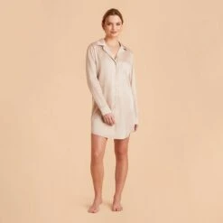 Kamryn Satin Sleepshirt - Champagne -Wedding Dress Store champagne kamryn satin sleep shirt bridesmaid pajamas 02