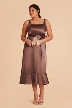 Eugenia Shiny Satin Convertible Midi Dress - Chocolate Brown 15 Eugenia Shiny Satin Convertible Midi Dress - Chocolate Brown -Wedding Dress Store chocolate brown eugenia convertible plus size satin bridesmaid dress 02