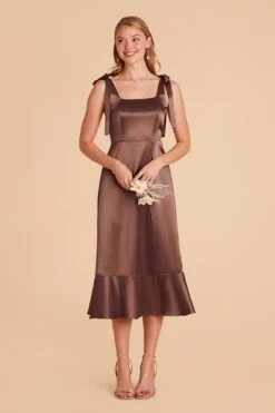 Eugenia Shiny Satin Convertible Midi Dress - Chocolate Brown 12 Eugenia Shiny Satin Convertible Midi Dress - Chocolate Brown -Wedding Dress Store chocolate brown eugenia convertible satin bridesmaid dress 02