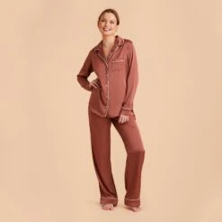 Jonny Long Sleeves And Pants Satin PJ Set - Desert Rose