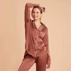 Jonny Satin Long Sleeve Pajama Top - Desert Rose