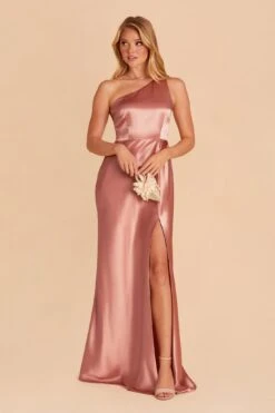 Kira Shiny Satin Dress - Desert Rose -Wedding Dress Store desert rose kira slit satin bridesmaid dress 01