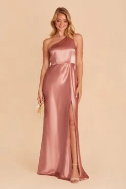 Kira Shiny Satin Dress - Desert Rose -Wedding Dress Store desert rose kira slit satin bridesmaid dress 02