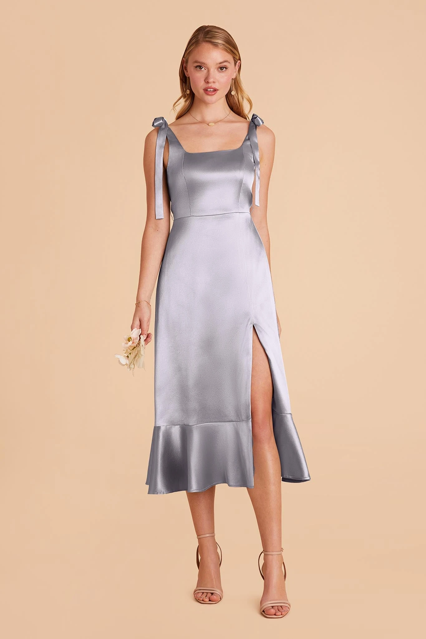 Eugenia Shiny Satin Convertible Midi Dress - Dusty Blue 4 Eugenia Shiny Satin Convertible Midi Dress - Dusty Blue - Image 2