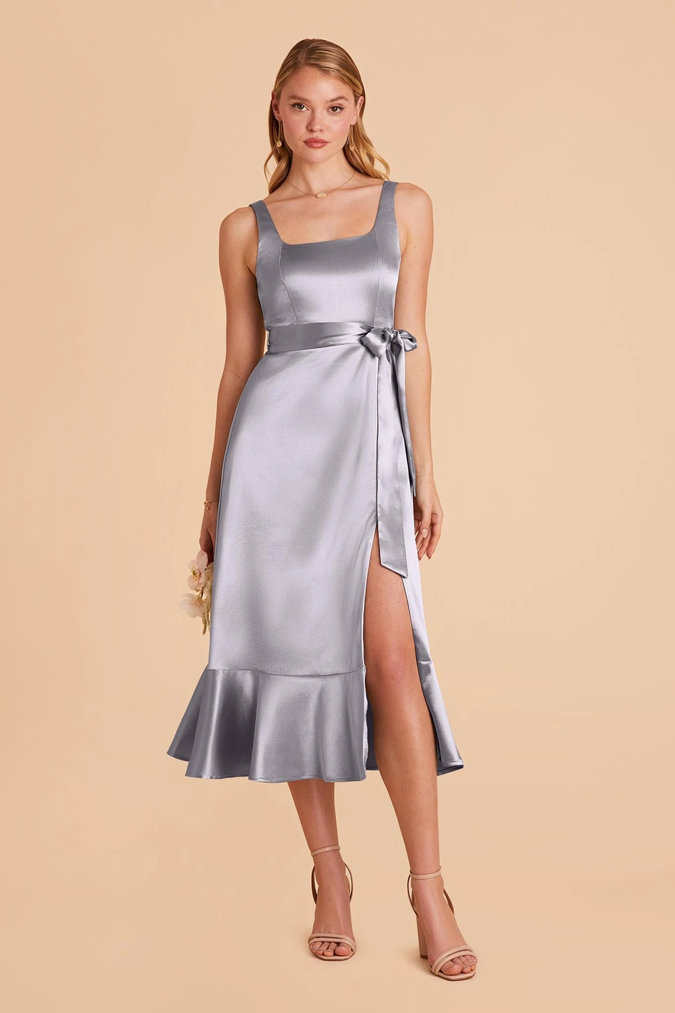 Eugenia Shiny Satin Convertible Midi Dress - Dusty Blue 5 Eugenia Shiny Satin Convertible Midi Dress - Dusty Blue - Image 3