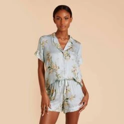 Jonny Floral Pajama Set - Dusty Blue Floral Meadow -Wedding Dress Store dusty blue jonny floral pj set bridesmaid pajamas 01
