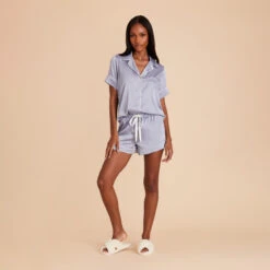 Jonny Satin Pajama Set - Dusty Blue 18 Jonny Satin Pajama Set - Dusty Blue -Wedding Dress Store dusty blue jonny satin short sleeve bridesmaid pajamas set 05