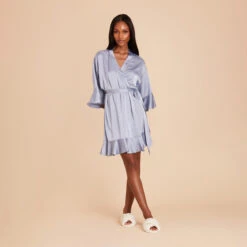 Kenny Ruffle Satin Robe - Dusty Blue -Wedding Dress Store dusty blue kenny satin ruffle bridesmaid robe 02