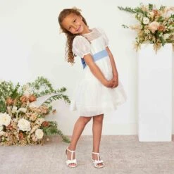 Liz Flower Girl Sash - Dusty Blue -Wedding Dress Store dusty blue liz flower girl sash 01