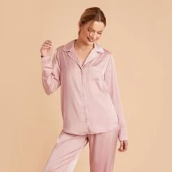 Jonny Satin Long Sleeve Pajama Top - Dusty Pink -Wedding Dress Store dusty pink jonny satin long sleeve top bridesmaid pajamas 01 1