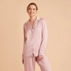 Jonny Satin Long Sleeve Pajama Top - Dusty Pink -Wedding Dress Store dusty pink jonny satin long sleeve top bridesmaid pajamas 02 1