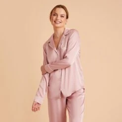 Jonny Satin Long Sleeve Pajama Top - Dusty Pink -Wedding Dress Store dusty pink jonny satin long sleeve top bridesmaid pajamas 03 1