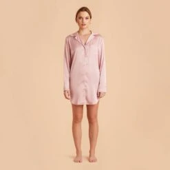 Kamryn Satin Sleepshirt - Dusty Pink -Wedding Dress Store dusty pink kamryn satin sleep shirt bridesmaid pajamas 01