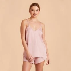 Olivia Cami And Shorts Set - Dusty Pink -Wedding Dress Store dusty pink olivia satin cami top bridesmaid pajamas 01