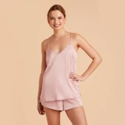 Olivia Cami And Shorts Set - Dusty Pink -Wedding Dress Store dusty pink olivia satin cami top bridesmaid pajamas 02