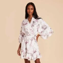 Kenny Floral Ruffle Robe - Dusty Pink Peonies -Wedding Dress Store dusty pink peonies kenny satin ruffle bridesmaid robe 02