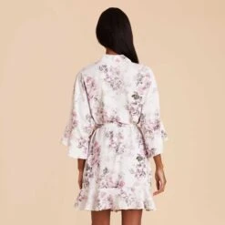 Kenny Floral Ruffle Robe - Dusty Pink Peonies -Wedding Dress Store dusty pink peonies kenny satin ruffle bridesmaid robe 06