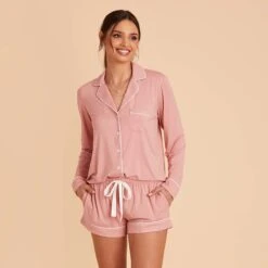 Jonny Long Sleeve Pajama Set - Dusty Rose 18 Jonny Long Sleeve Pajama Set - Dusty Rose -Wedding Dress Store dusty rose jonny long sleeve bridesmaid pajama set 03
